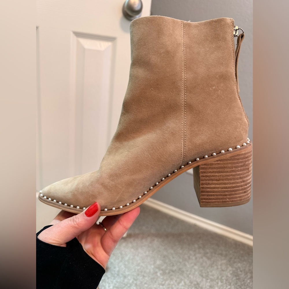 Taupe Leather Studded Ankle Booties Block Heel | Size 9.5